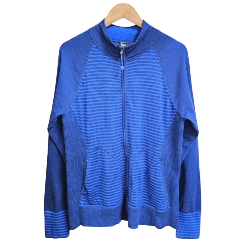 REI Jacket Coolmax Striped Ribbed Zip Front Long Sleeve Light Blue Outdoor XL